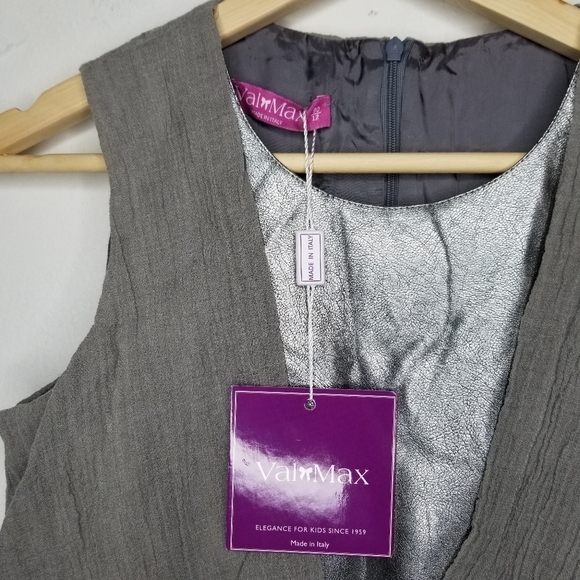 VALMAX ITALY Drop Waist Party Dress Silver Trim Crinkle Cotton Girls' 12Y Formal - Picture 4 of 15